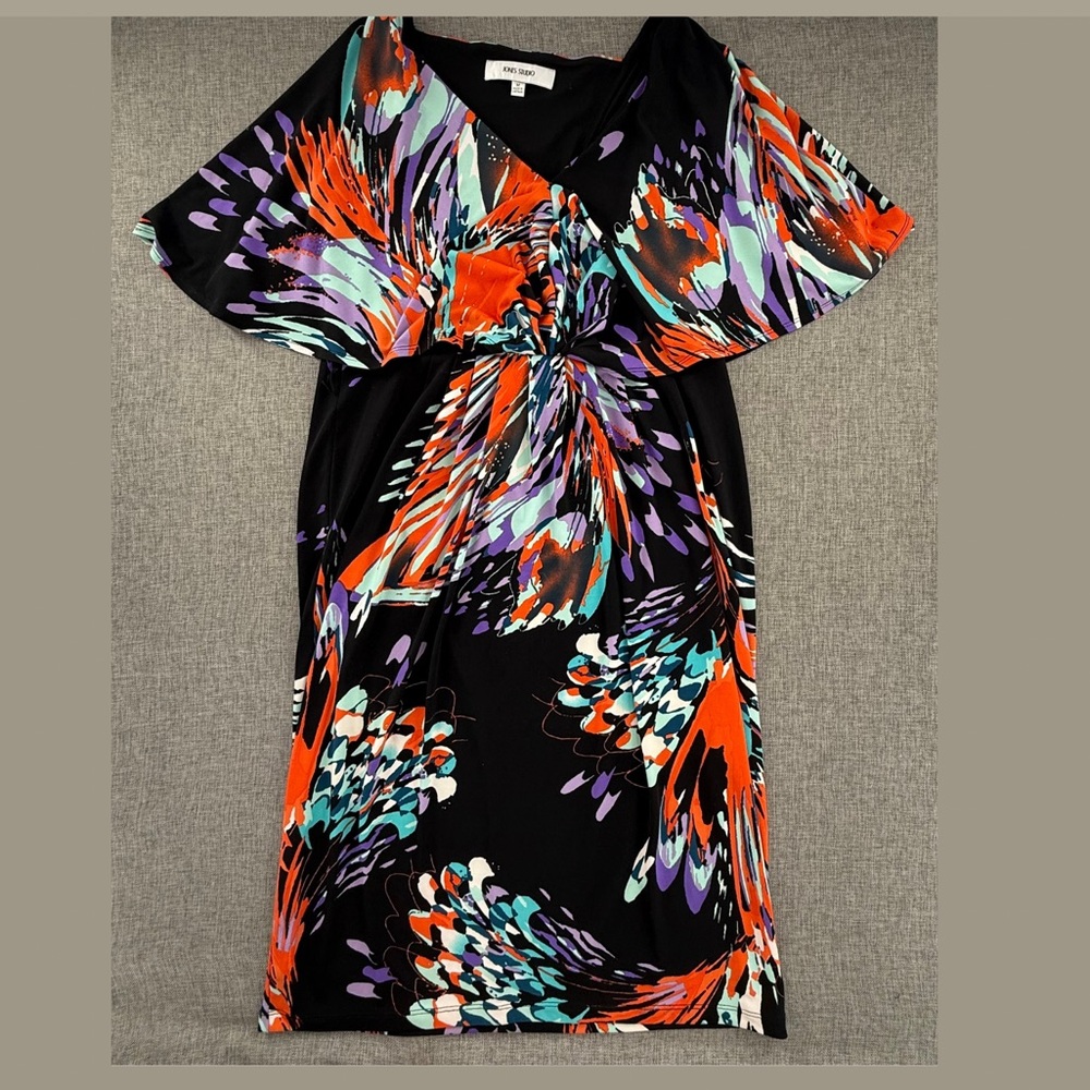 Jones Studio Dress Medium Flutter‎ Sleeves Abstract Print V-Neck Stretchy